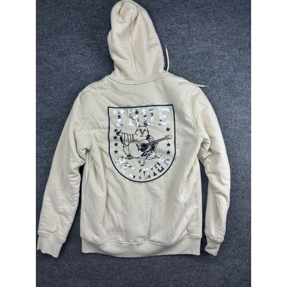 True Religion Hoodie Mens Small Beige‎ Full Zip Sherpa Fleece Buddha Graphic